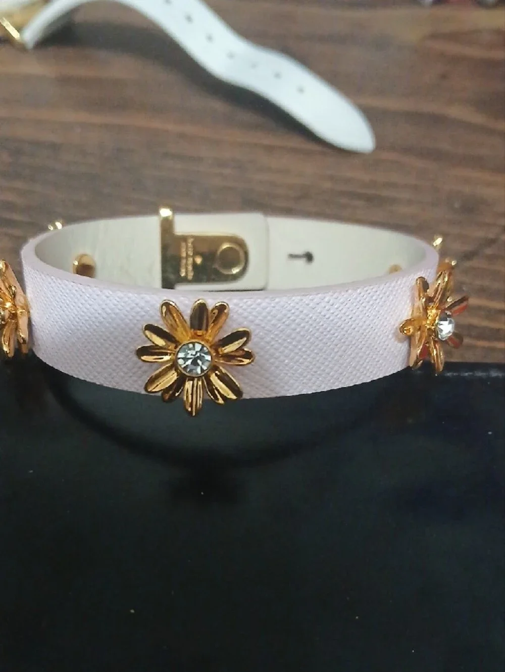 Kate Spade NWT Women's Pink Leather Cuff Bracelet with Gold And Rhinestone Flowe